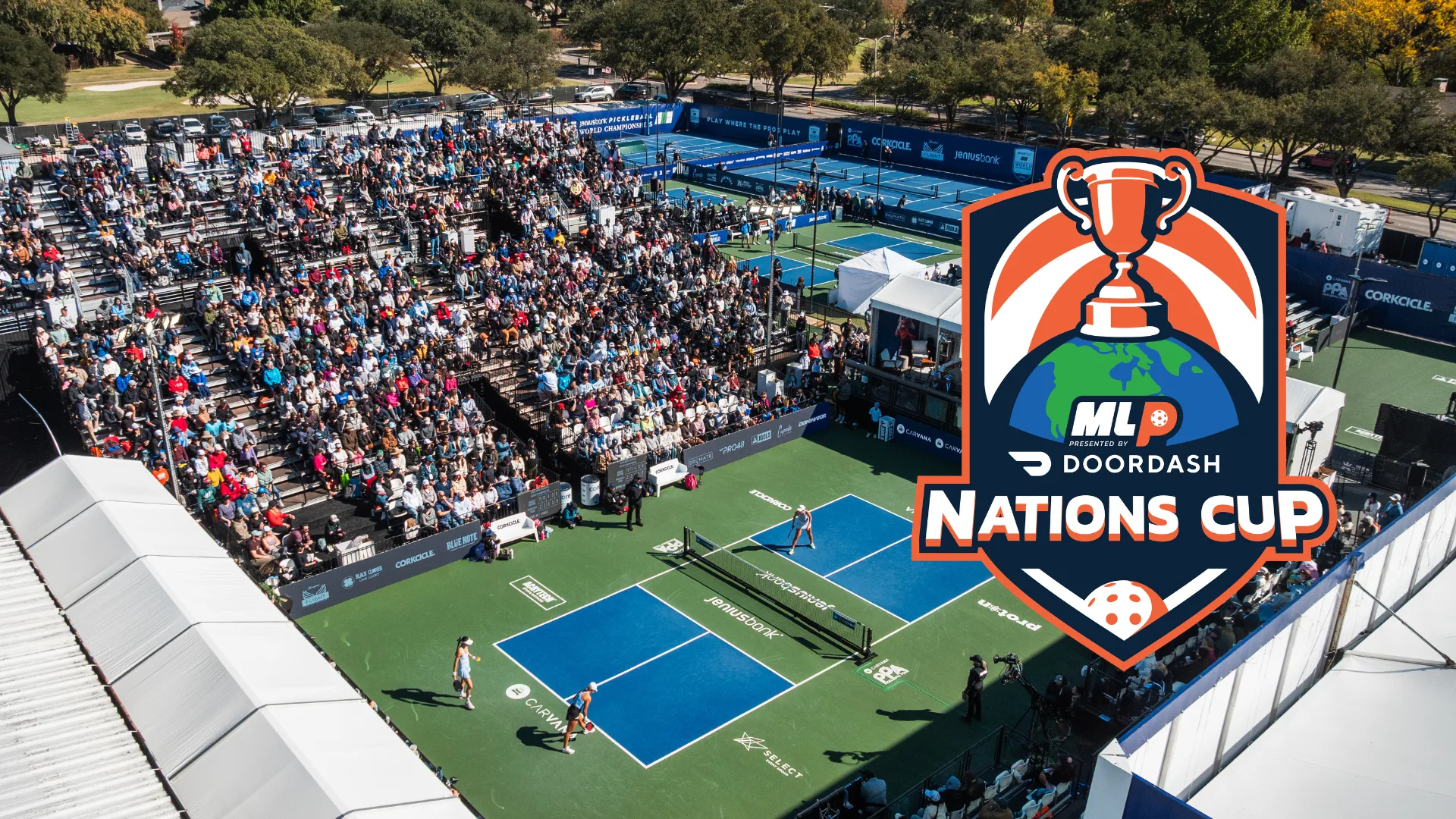 Championship court at Brookhaven Country Club during the Pickleball World Championships, with the MLP Nations Cup logo